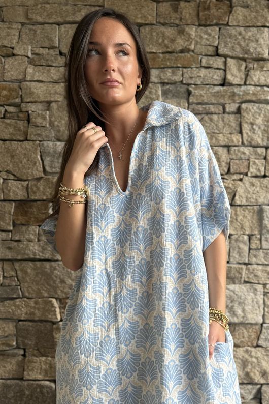 Royal Palm Pillow Cotton Dress Blue